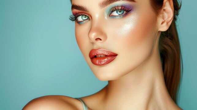 Close-up, Pretty face of a beautiful woman with multi colors vivid makeup on minimal background