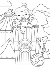 Coloring page outline of cute circus monkey sitting on popcorn with circus tent on the background