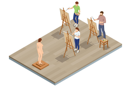 Isometric Group of people during classes in school of painters. Male artist painting female model at art studio. Painting, drawing and artwork concept. Art, creativity, hobby, job and creative