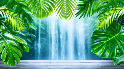 Majestic Waterfall in a Lush Forest, A Symphony of Water Flowing Over Rocks, Invoking Serenity and Adventure