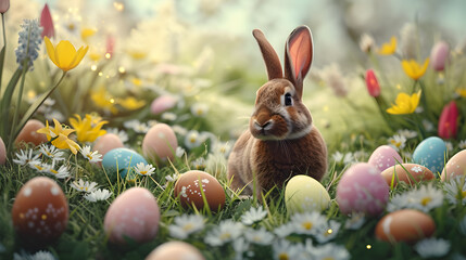 Easter Morning: A Bunny Amidst Spring Blooms and Colorful Eggs on a Vibrant  Background