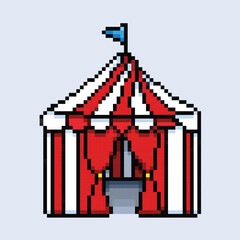 Circus festival red and white tent with blue flag. Pixel bit retro game styled vector illustration drawing. Simple flat cartoon drawing isolated on square background.
