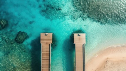 an aerial view of two wooden piers on a beach next to a body of water with a rock formation in the middle of the water. - obrazy, fototapety, plakaty