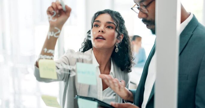 Teamwork, sticky notes and tablet with writing for brainstorming, research and mind map in meeting. Professional people, post-its and glass wall for preparing, collaboration and planning in office