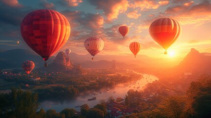 Fototapeta premium Hot Air Balloon Adventure, a whimsical scene of colorful hot air balloons soaring over picturesque landscapes during a balloon festival.
