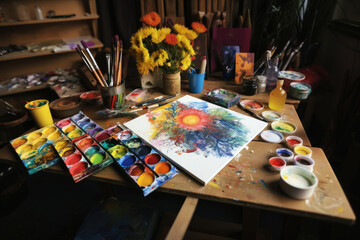 Naklejka na ściany i meble Watercolor paints and paintbrushes on table