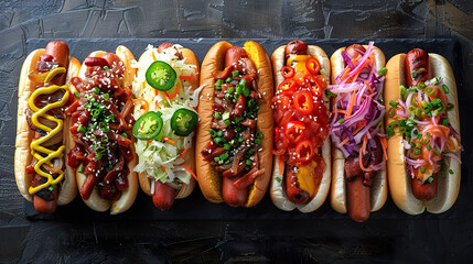 An array of hot dogs with various international toppings. 