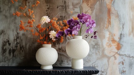 a couple of white vases sitting on top of a table with purple and white flowers in each of them.