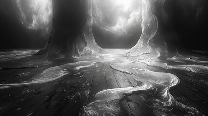 black and white sketch of a black wood floor with curves, in the style of striated resin veins, intricate psychedelic landscapes, mundane materials, darkroom printing, varying wood grains, fluid gestu