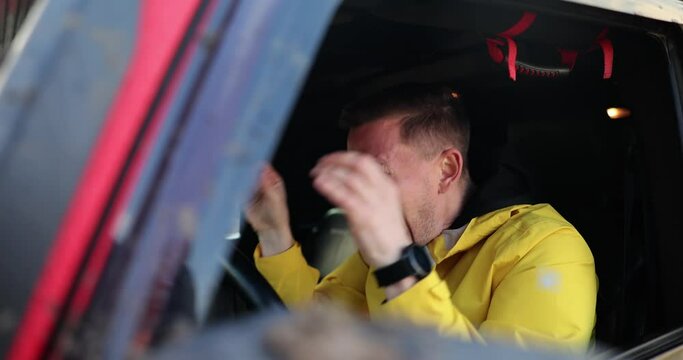 Driver of car getting into accident and putting pressure on signal 4k movie slow motion. Accidents on roads concept