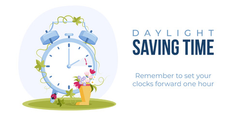 Daylight saving time begins concept. Spring forward web banner. Vector illustration of clock with rubber boots and spring flowers decoration.  - obrazy, fototapety, plakaty