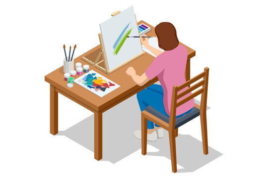 Isometric Female artist painting on canvas at home. Painting, drawing and artwork concept. Art, creativity, hobby, job and creative occupation