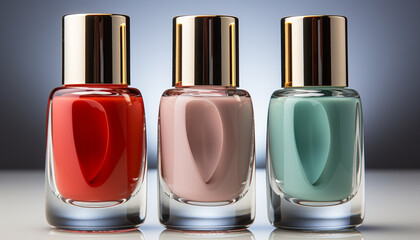 Fashionable women beauty collection manicure, make up, perfume, elegance, glamour generated by AI