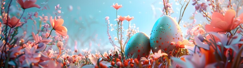 two easter eggs sitting in the background, in the style of vibrant florals, light pink and sky-blue, unreal engine 5, i can't believe how beautiful this is, disturbingly whimsical