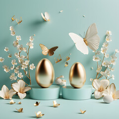Ethereal Spring Bloom: Golden and Aqua Easter Eggs Amidst Delicate White Flowers