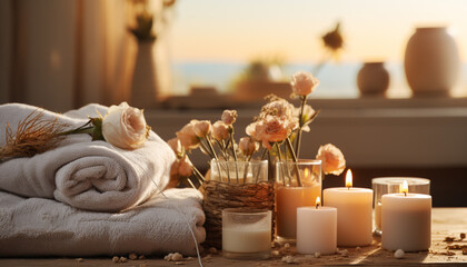 Fototapeta na wymiar Luxury spa treatment candlelight, relaxation, aromatherapy, flower, wellbeing, beauty generated by AI