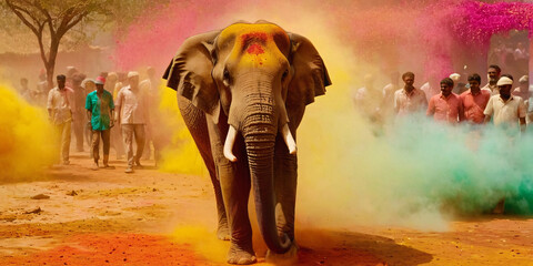 Indian elephant on Holi festival surrounded by colorful dust.