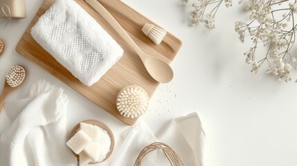 Obraz na płótnie Canvas a wooden cutting board topped with a white towel and two wooden spoons next to a couple of scrubs.