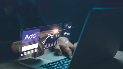 Ad (advertise)  show laptop display screen from advertisers on internet. Ads banner campaign to...