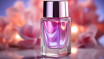 Luxury perfume bottle, scented flower, elegance in purple generated by AI