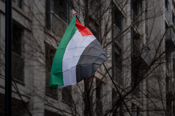 London, England - Jan 13 2024: Pro Palestine Rally  March. Single Palestinian flag 