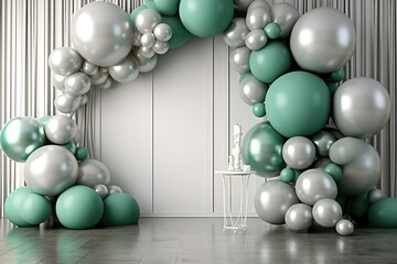 Green and silver balloon decorations, white table cakes against a gray wall background, decorations for birthdays, parties and other celebrations