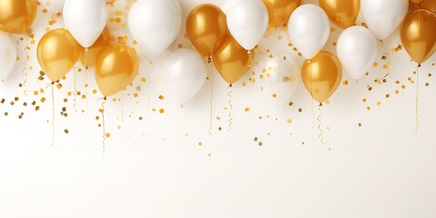 White and gold balloon decoration on white background, elegant and sparkling