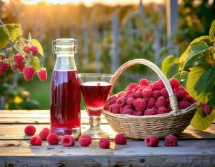 Raspberry juice in bottles and raspberries in a basket, light background