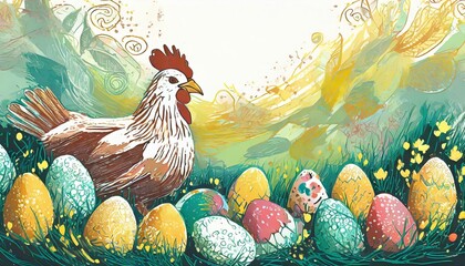 Wielkanocna ilustracja z pisankami, kurami i kurczątkami - obrazy, fototapety, plakaty