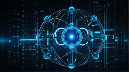 Futuristic concept science nucleus of atom surrounded by electrons on technology background, blue neon ligths theme from Generative AI