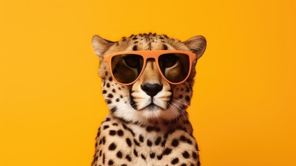 Creative animal concept. Cheetah in sunglass shade glasses isolated on solid pastel background, commercial, editorial advertisement, surreal surrealism - obrazy, fototapety, plakaty