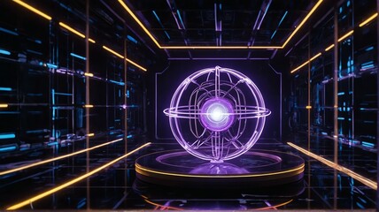 Futuristic concept science nucleus of atom surrounded by electrons on technology background, purple neon lights theme from Generative AI - obrazy, fototapety, plakaty