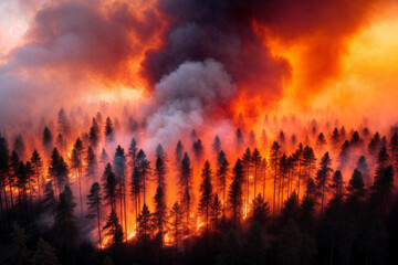 A Devastating Wildfire Consumes a Dense Forest Under a Dramatic Sky, Nature's Fury, Environmental Disaster
