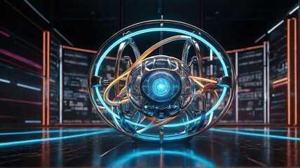 Futuristic concept science nucleus of atom surrounded by electrons on technology background, white neon lights theme from Generative AI