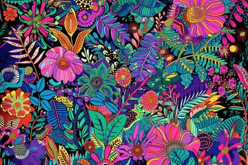 Fototapeten Yombe Blossoms: Vibrant Junglepunk Floral Artwork Inspired by Intricate Textile Designs and Yombe Art © Martin