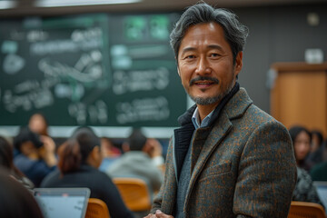 Confident Male Professor in Lecture Hall. Mature, stylish male professor standing confidently in front of a classroom, students blurred in background. - obrazy, fototapety, plakaty