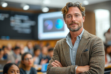Fototapeta premium Confident Male Professor in Lecture Hall. Mature, stylish male professor standing confidently in front of a classroom, students blurred in background.