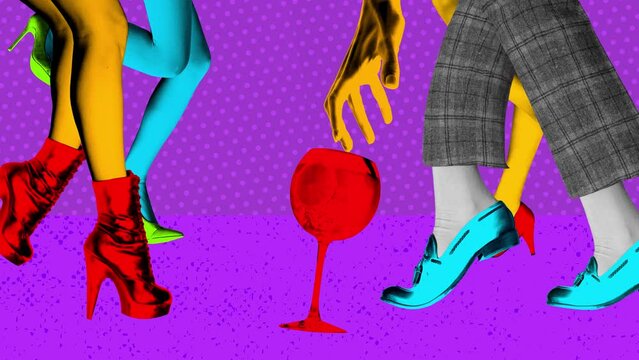 Modern animation. Stop motion. Women and men dressed retro clothes actively moving while dancing with alcohol drinks. Bright comics style design. Concept of art, disco, party, retro fashion.