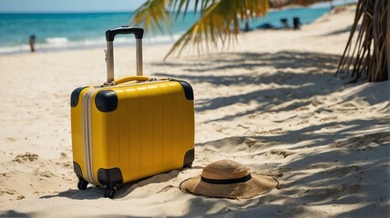 Summer background travel concept, beach front white sand with a yellow travel suitcase and a coconut tree and sunlight from Generative AI