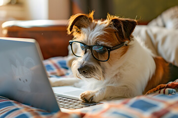 Cute dog looking computer laptop in glasses at workplace.