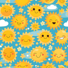 Cute summer sun cartoon seamless pattern background.
