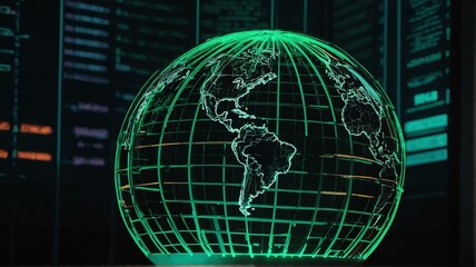 Abstract dark green theme futuristic globe earth fade computer technology business neon lights background from Generative AI