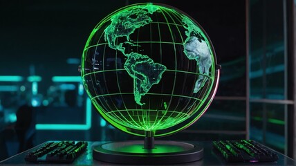 Abstract green theme futuristic globe earth fade computer technology business neon lights background from Generative AI