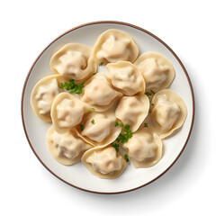 Top view Russian pelmeni, dumplings with meat isolated on a white background.
