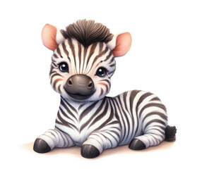 Sitting baby zebra isolated on white background. Baby Zebra. African animals. Safari. Illustration.Greeting card design. Clip art.