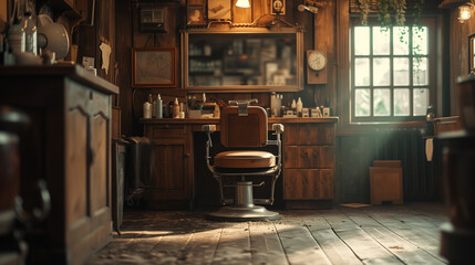 A rustic wooden barber's chair sits in the corner, bathed in warm, dim lighting. - obrazy, fototapety, plakaty