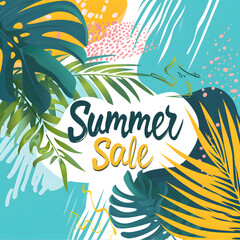 Fototapeta na wymiar Summer sale banner template with tropical leaves on background.