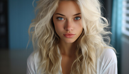 Fototapeta premium Young woman with blond hair looking at camera, exuding confidence generated by AI