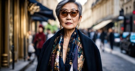 60 year old Asian female model in Paris Fashion Week. ai generative - obrazy, fototapety, plakaty