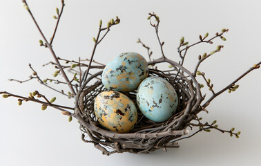 Naklejka na ściany i meble Spring Renewal: Colorful Easter Eggs Nestled in a Rustic Twig Nest Amidst Blossoming Branches